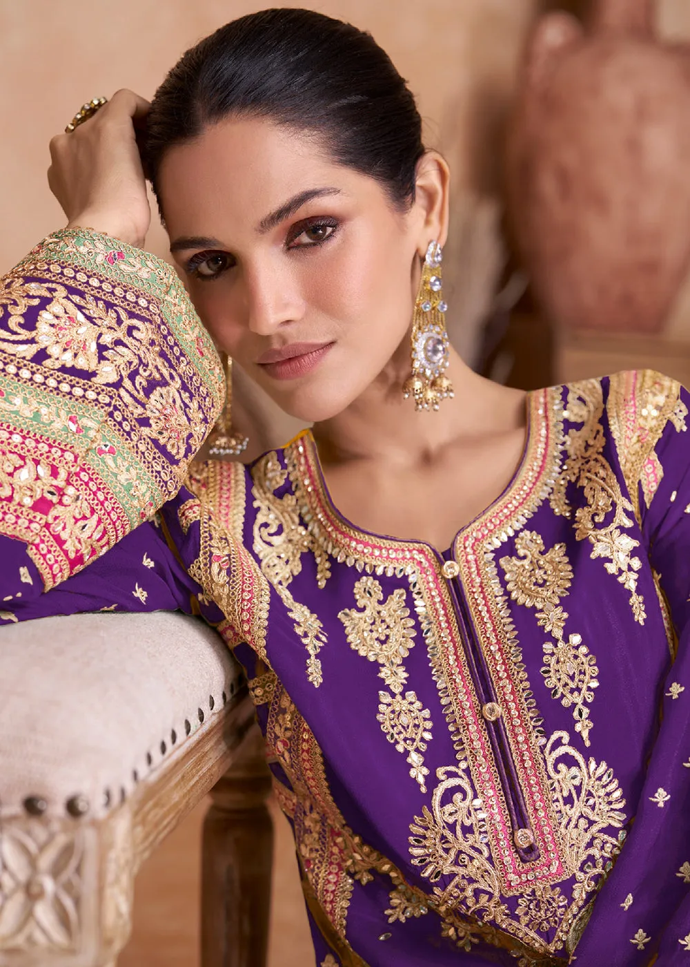 Fancy Dark Purple Chinnon Embroidered Designer Palazzo Suit