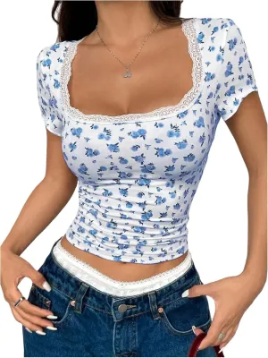 Floerns Women's Floral Short Sleeve Crop Top Summer Square Neck Lace Trim T Shirts