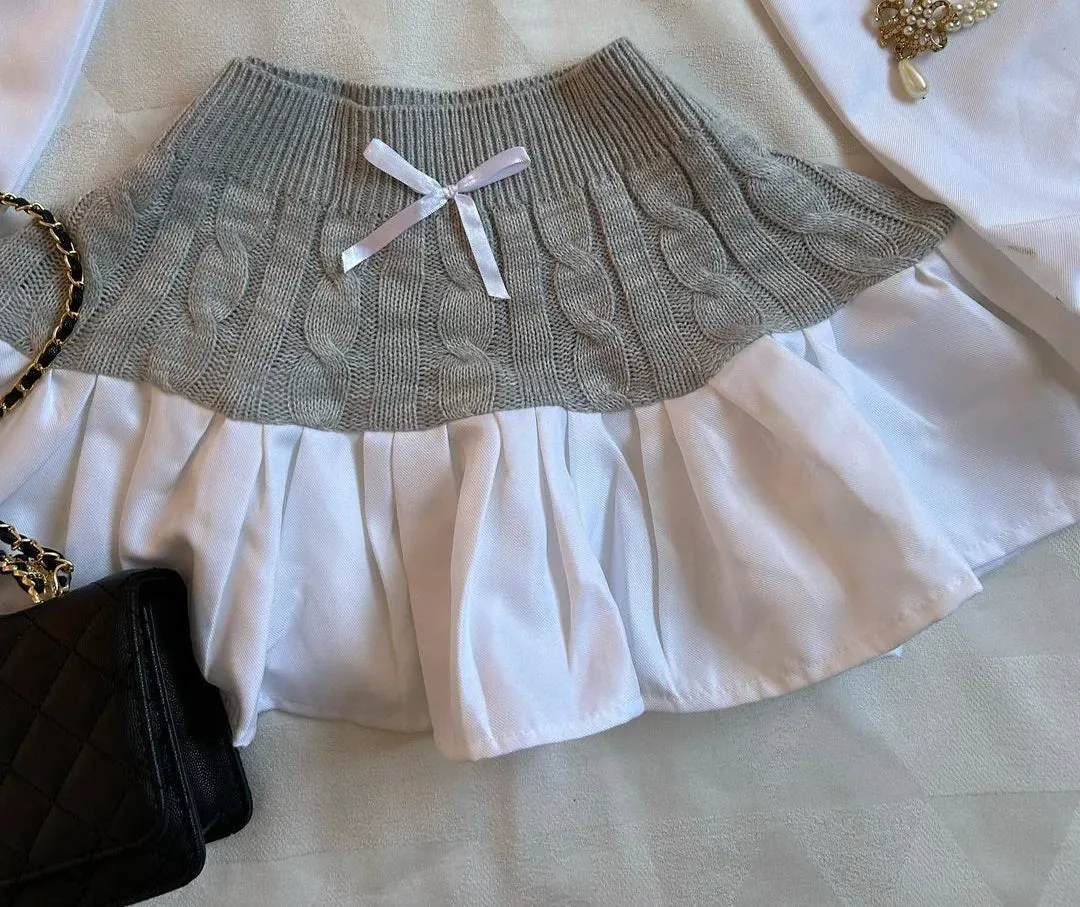 Girlary Harajuku New Skirt Sets Are Fashion Sexy Two Piece Sets Womens Outfits Bow Knitted Long Sleeves Kawaii Mini Skirt with Crop Tops