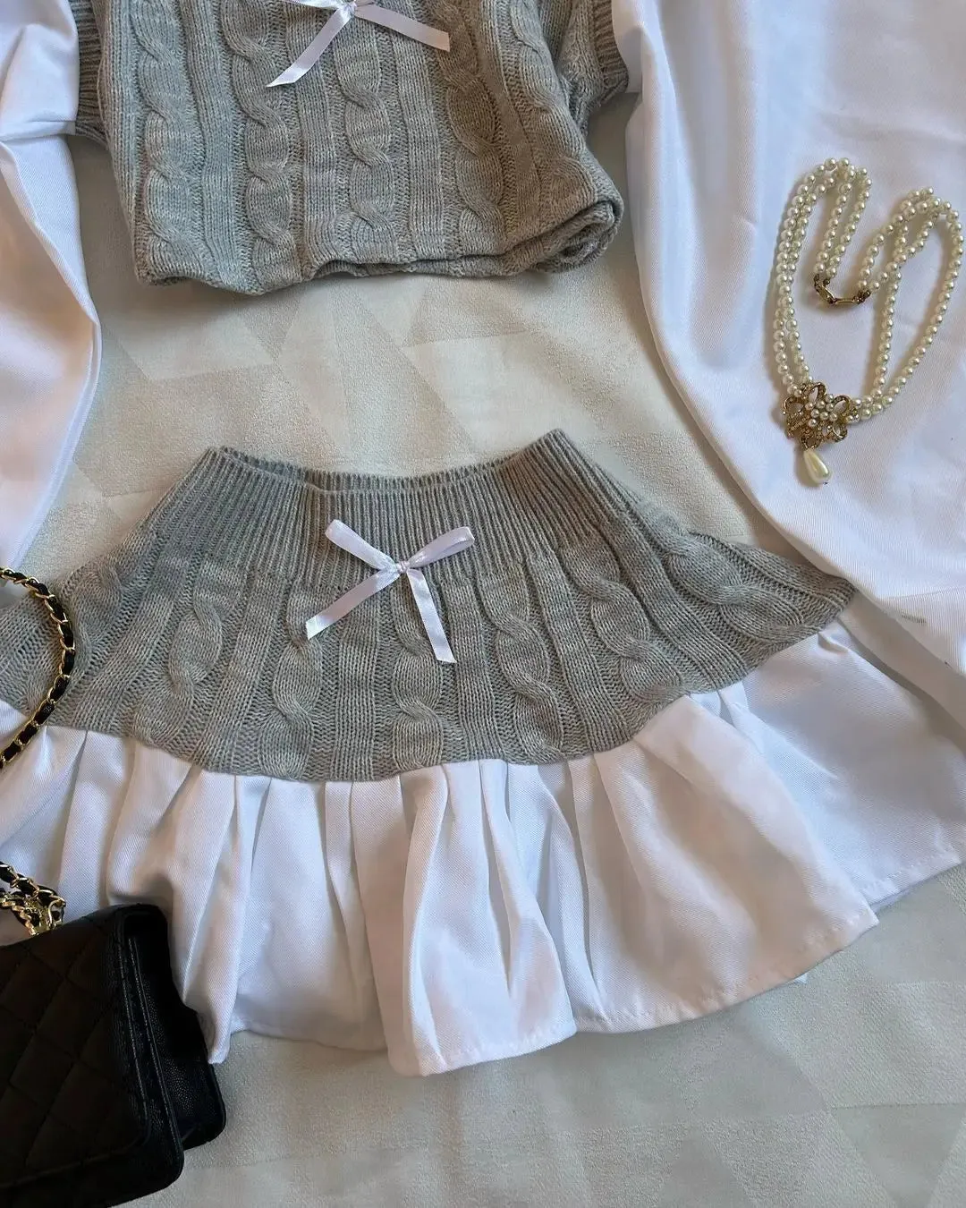 Girlary Harajuku New Skirt Sets Are Fashion Sexy Two Piece Sets Womens Outfits Bow Knitted Long Sleeves Kawaii Mini Skirt with Crop Tops