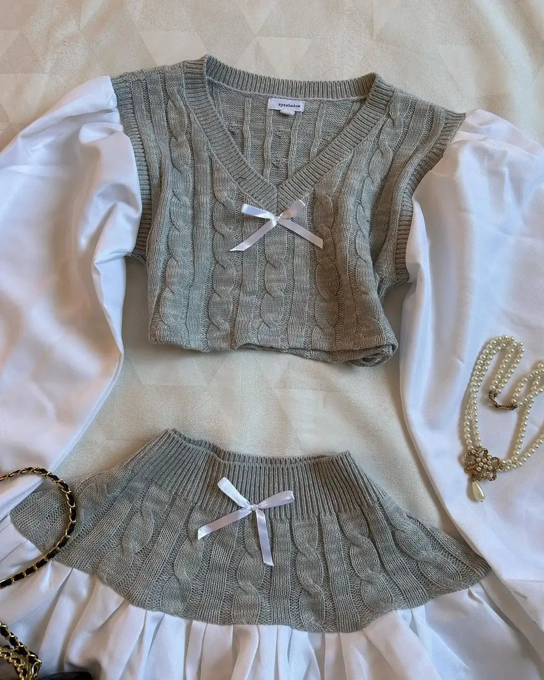 Girlary Harajuku New Skirt Sets Are Fashion Sexy Two Piece Sets Womens Outfits Bow Knitted Long Sleeves Kawaii Mini Skirt with Crop Tops