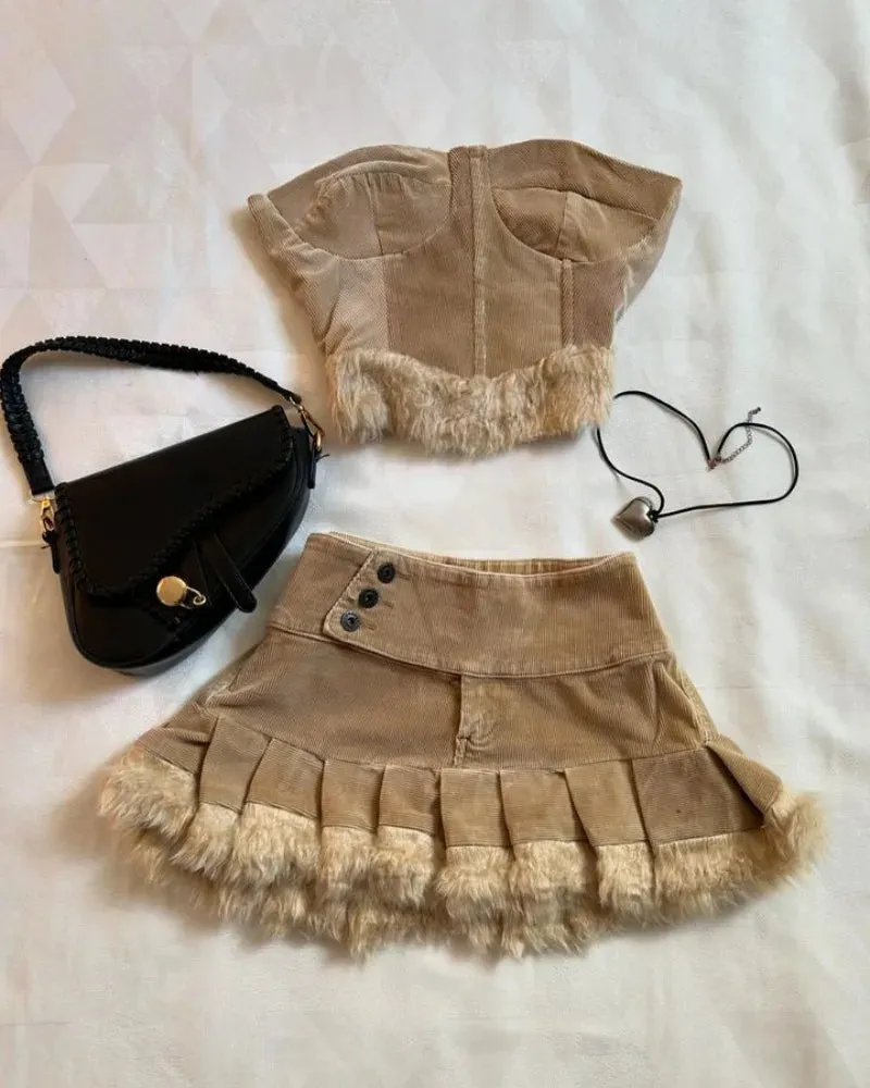 Girlary Harajuku New Skirt Sets Are Fashion Sexy Two Piece Sets Womens Outfits Bow Knitted Long Sleeves Kawaii Mini Skirt with Crop Tops
