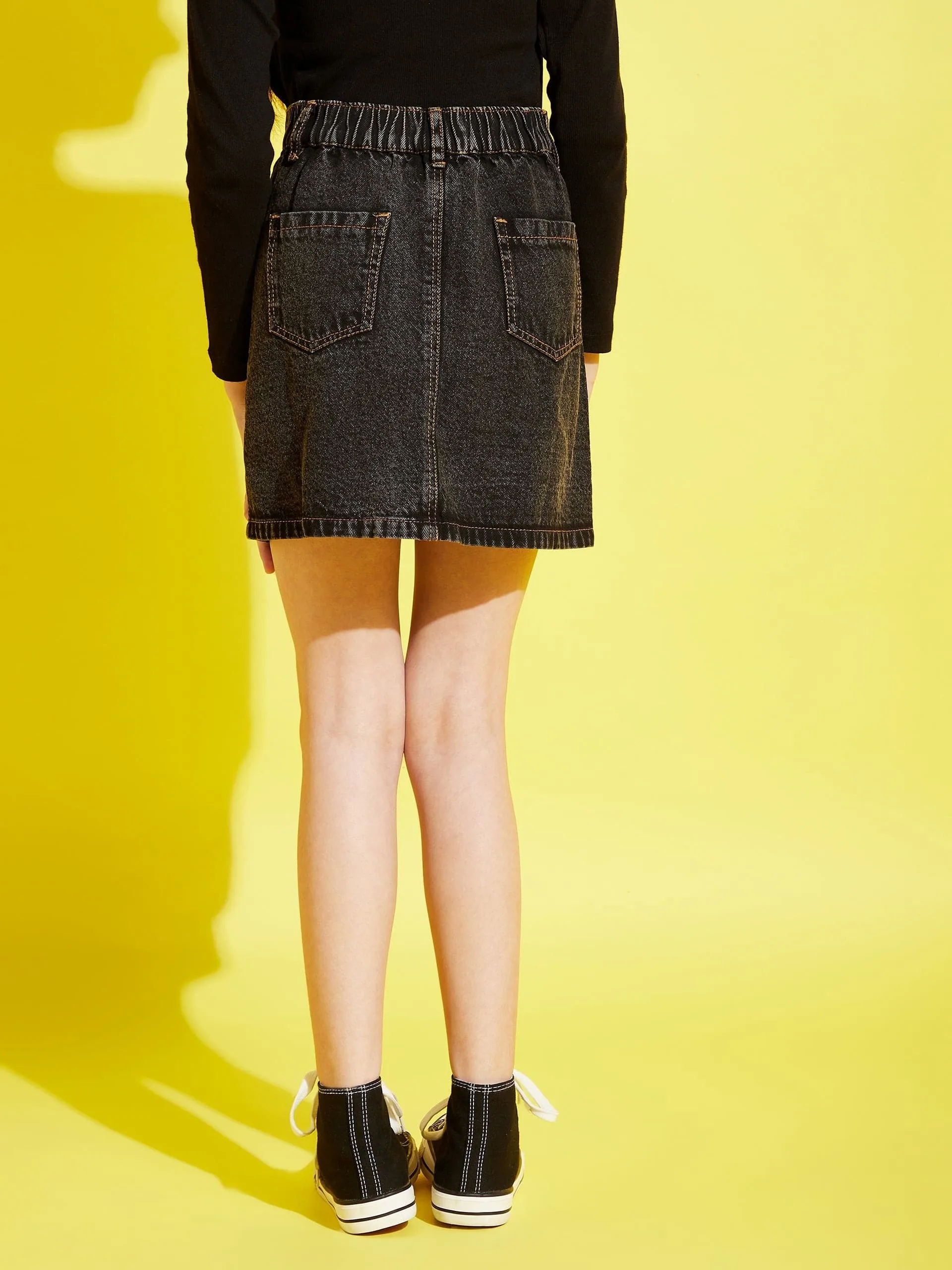 Girls Black Acid Wash Front Button Mini Skirt - Lyush Kids
