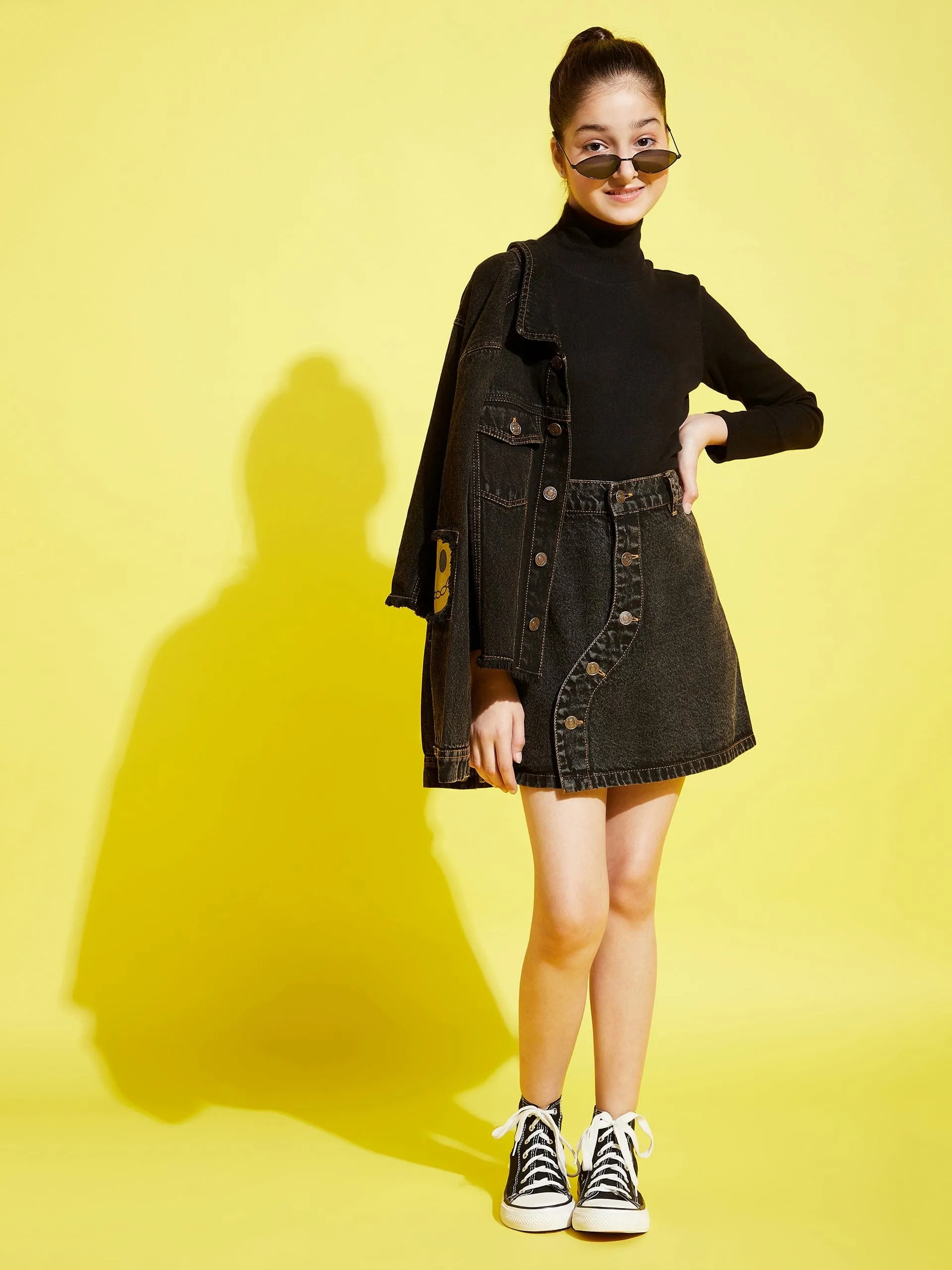 Girls Black Acid Wash Front Button Mini Skirt - Lyush Kids