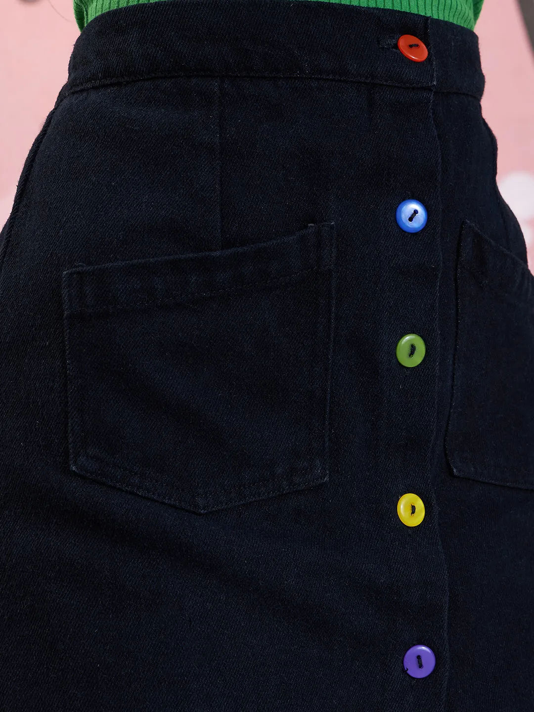 Girls Black Denim Front Button Mini Skirt