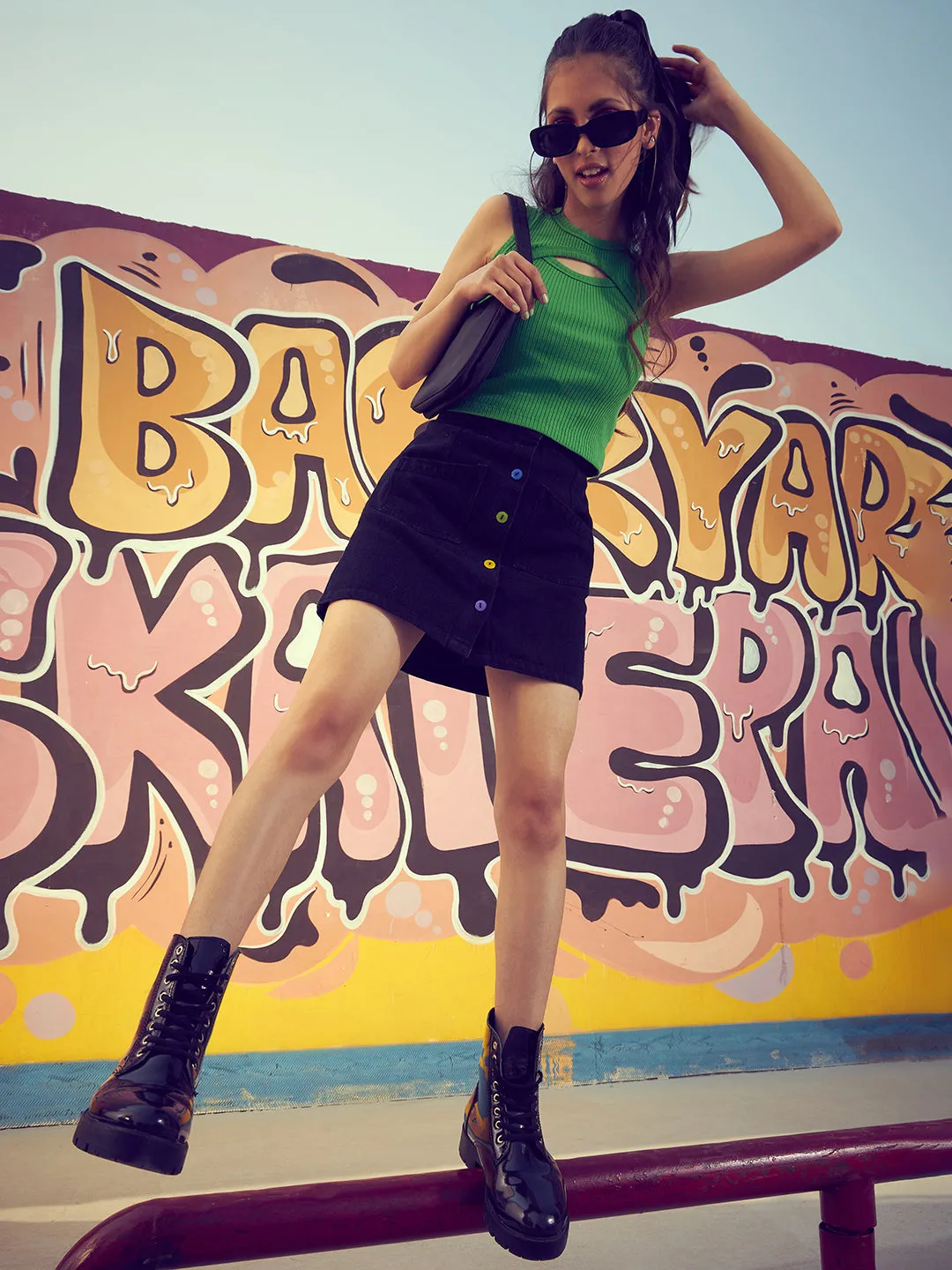Girls Black Denim Front Button Mini Skirt