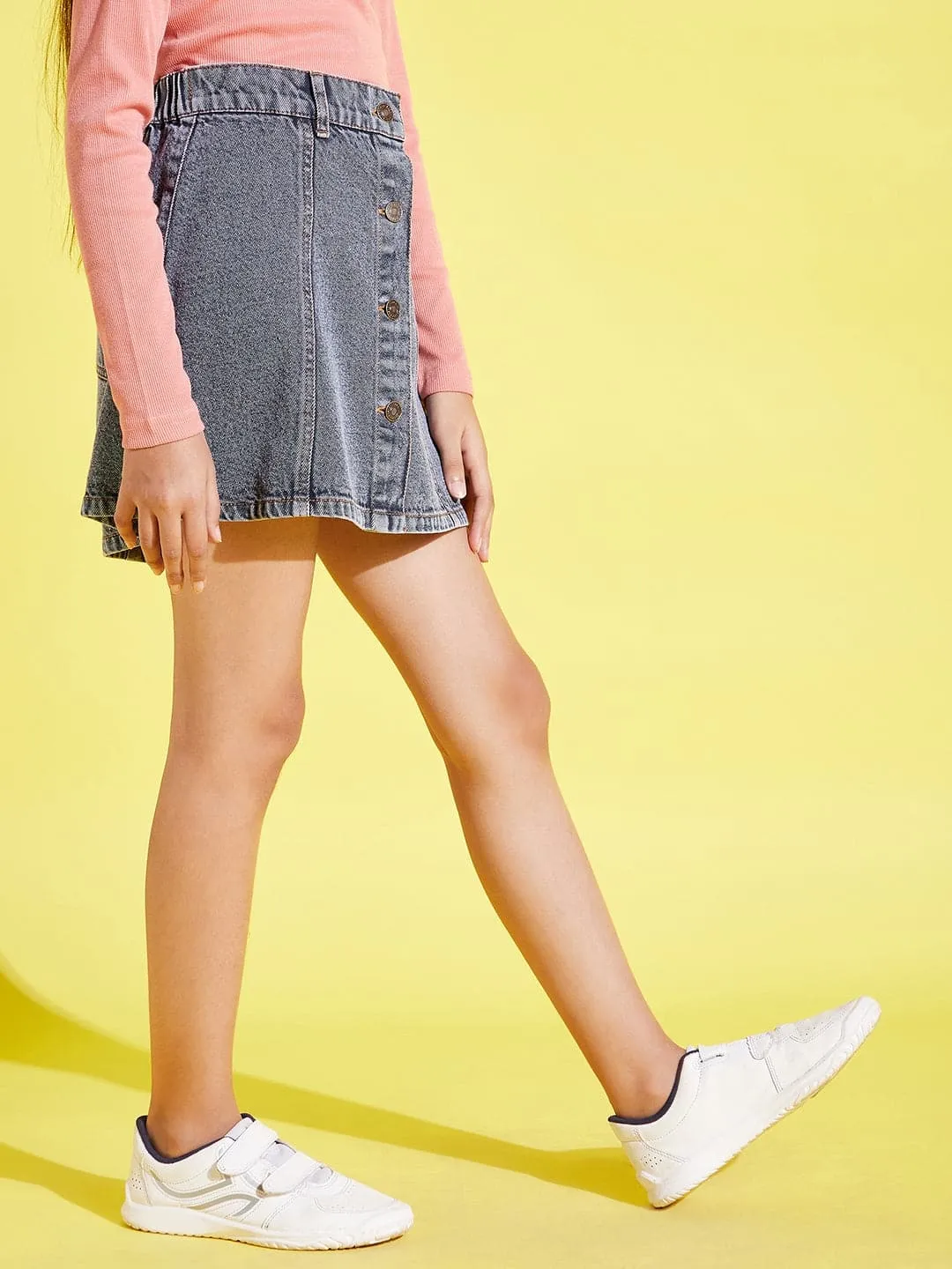 Girls Grey Acid Wash Front Button Denim Mini Skirt - Lyush Kids