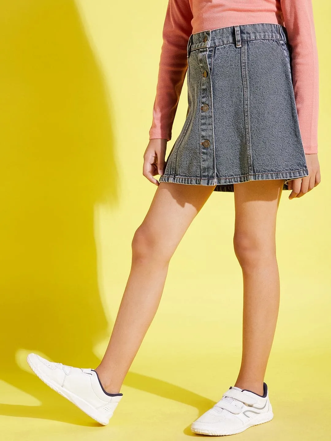 Girls Grey Acid Wash Front Button Denim Mini Skirt - Lyush Kids