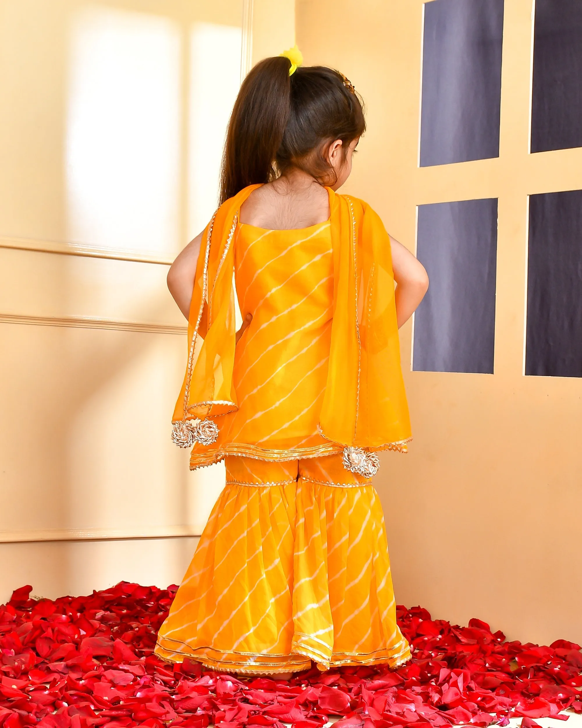 Girl's Yellow Leheriya Kurta Sharara Set - Rangpur