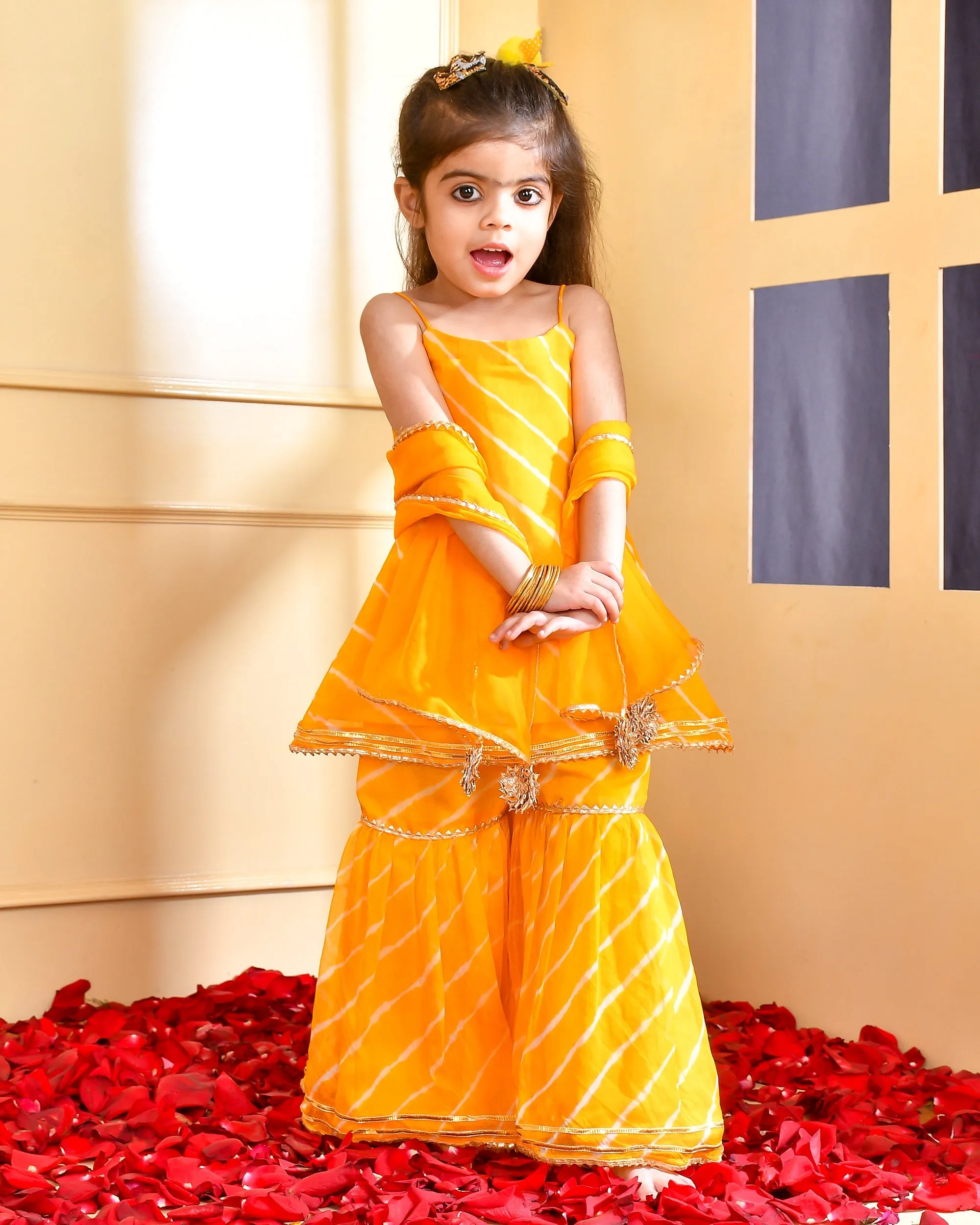 Girl's Yellow Leheriya Kurta Sharara Set - Rangpur