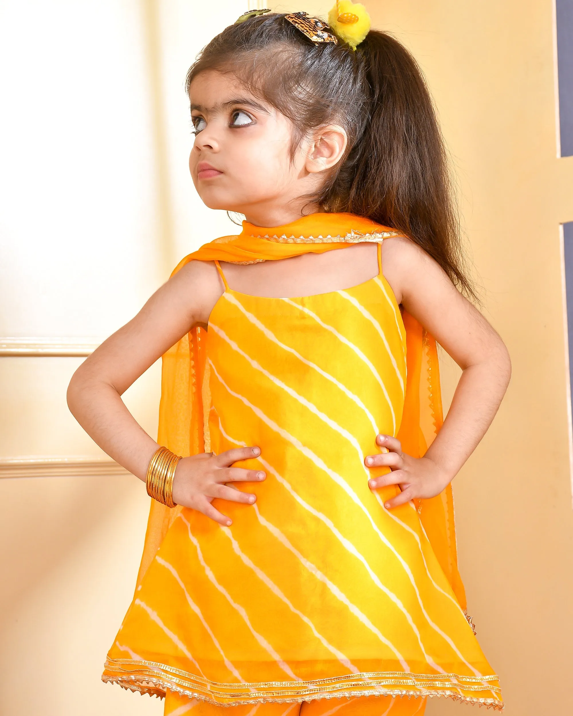 Girl's Yellow Leheriya Kurta Sharara Set - Rangpur