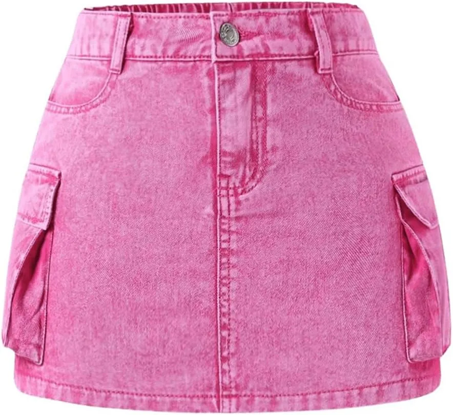 GORGLITTER Girl's Jean Skirt High Waisted Denim Skirt Y2k A-Line Short Mini Skirt with Pockets
