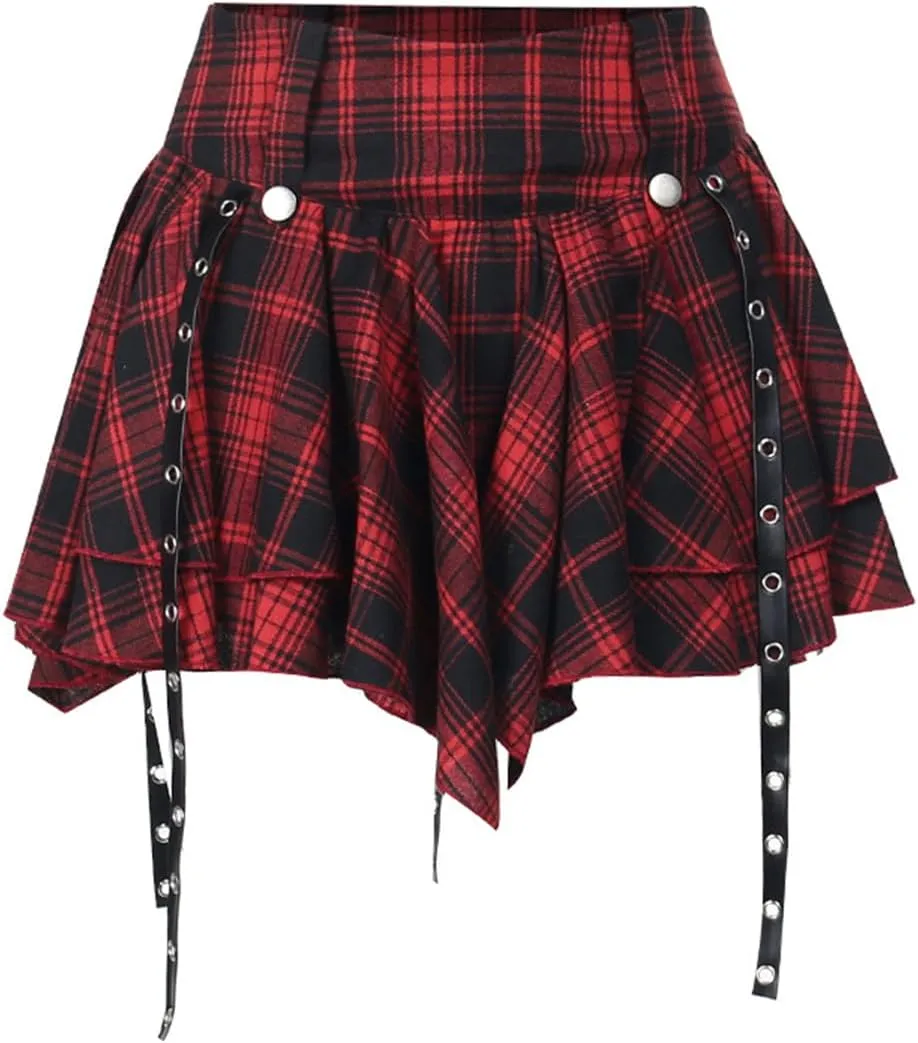 Goth Skirt Gothic Plaid Pleated Skirts Sexy High Waist Punk Skirt for Women Grunge Mini Red Skater Skirts