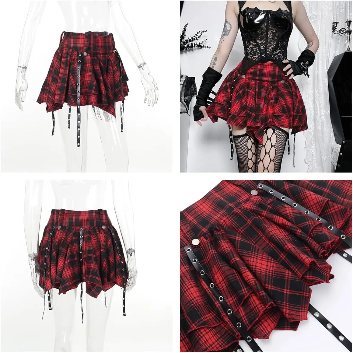 Goth Skirt Gothic Plaid Pleated Skirts Sexy High Waist Punk Skirt for Women Grunge Mini Red Skater Skirts