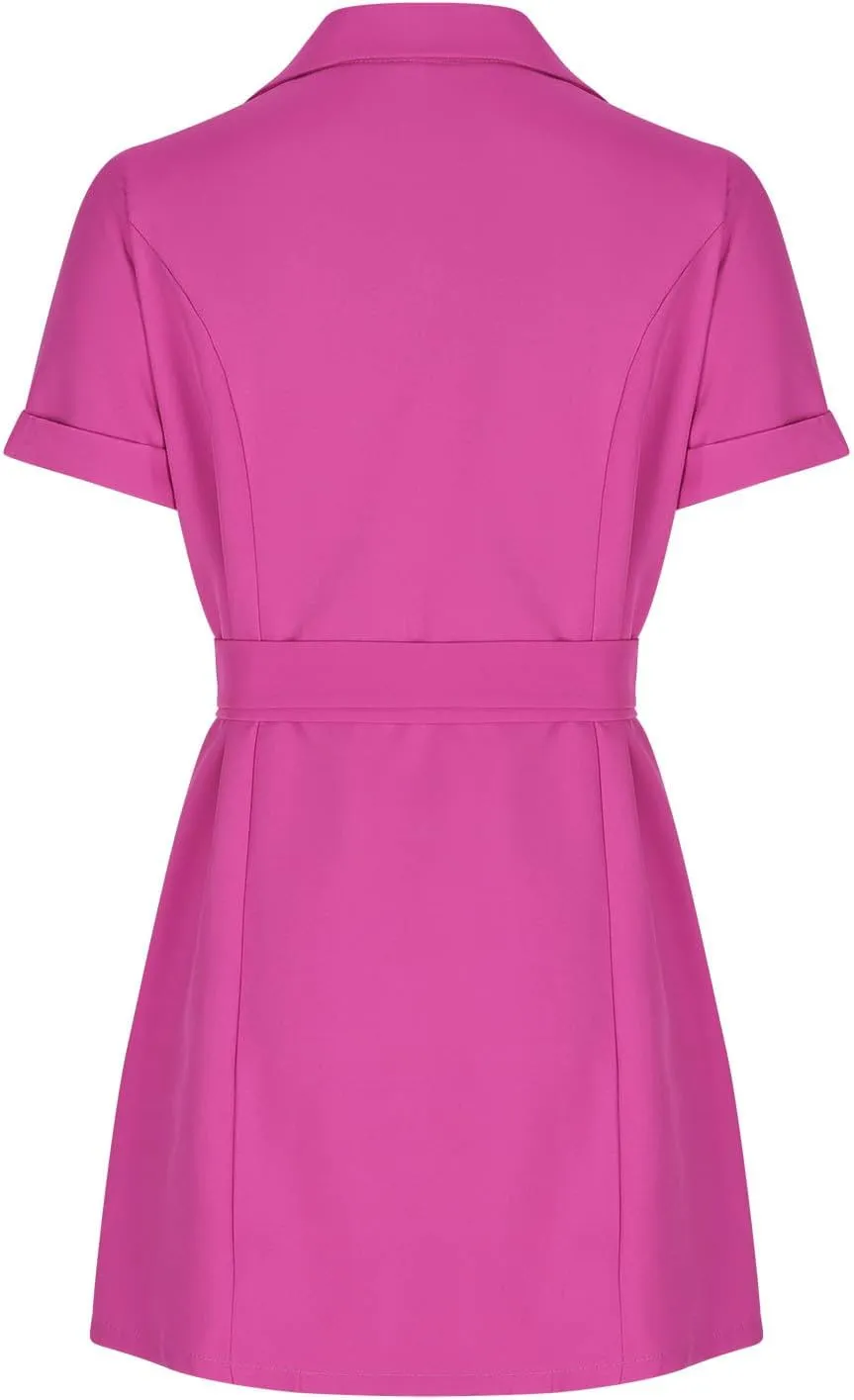 HGps8w Women's Double-Breasted Blazer Dress Elegant Short Sleeve Formal Office Business Suit Jackets Pencil Dress with Belt