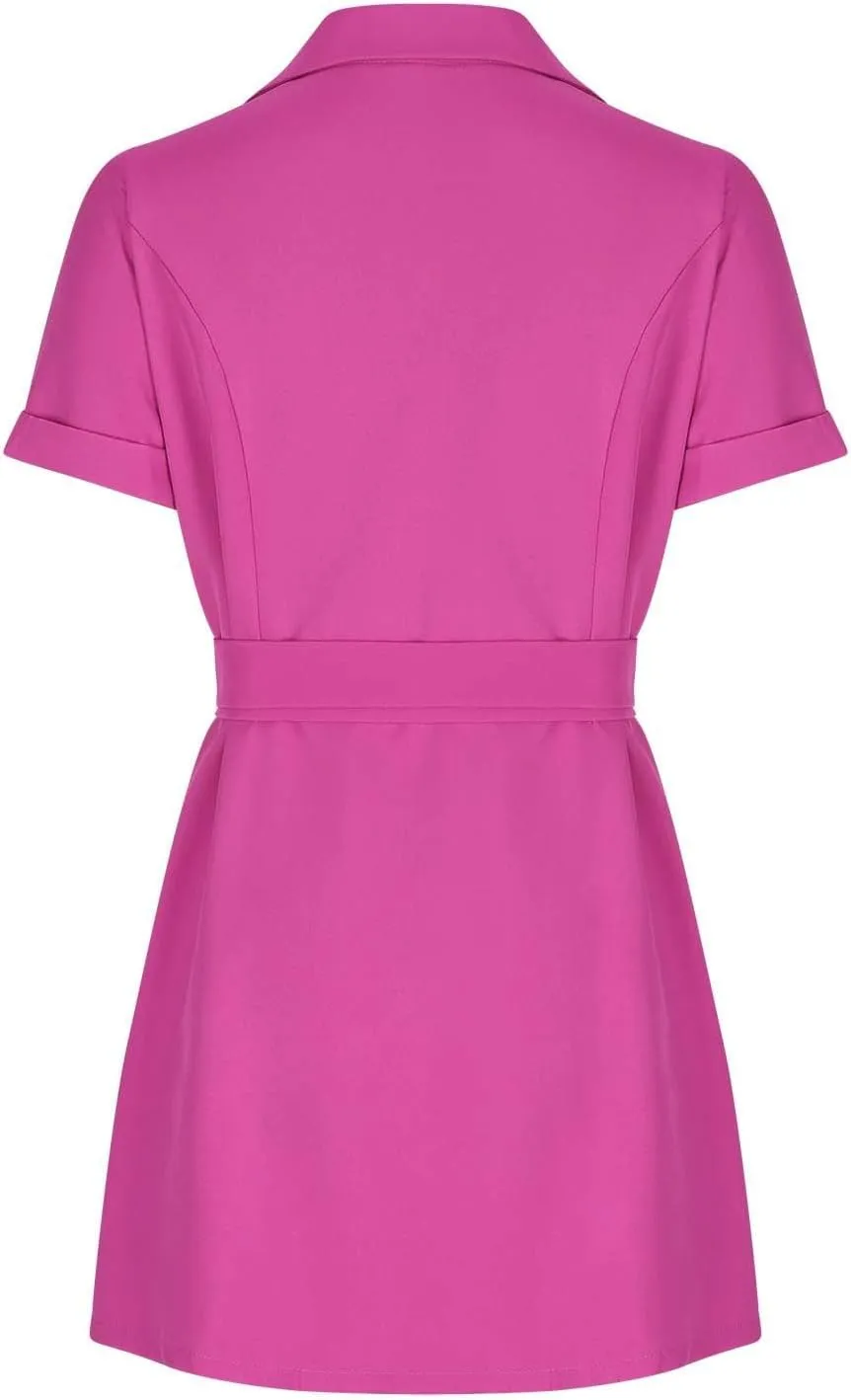 HGps8w Women's Double-Breasted Blazer Dress Elegant Short Sleeve Formal Office Business Suit Jackets Pencil Dress with Belt