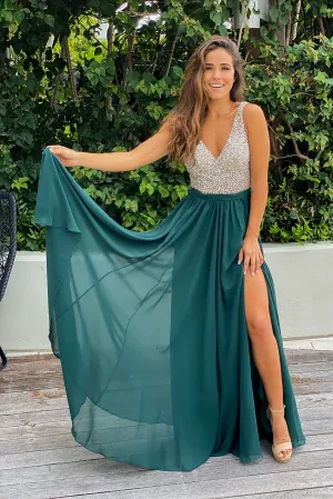 Hunter Green Maxi Dress with Silver Jewels