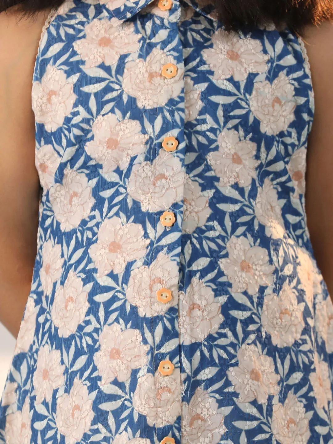 Jashvi Girls' Blue And White Shifflie Worked Cotton dress