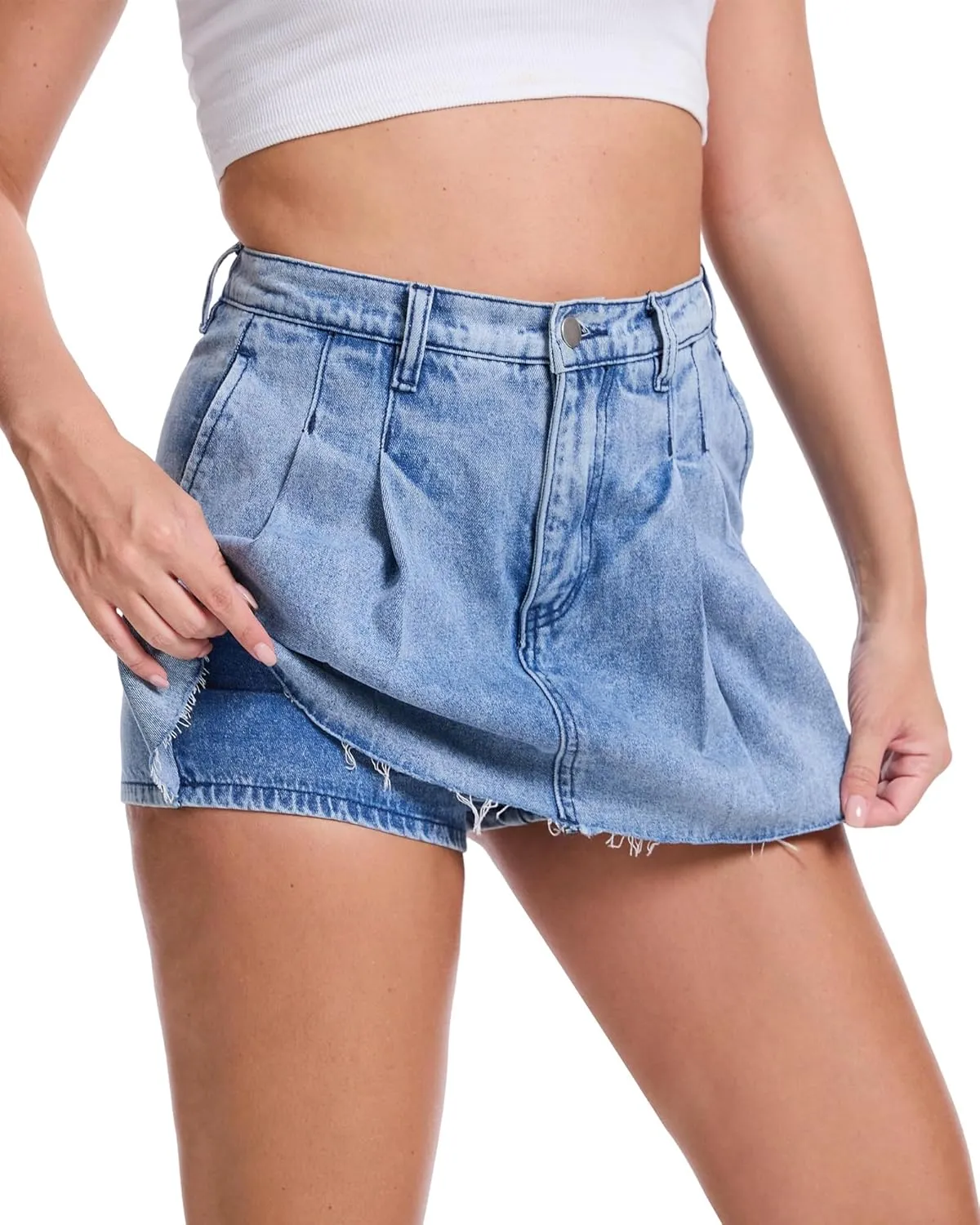 Jean Skorts for Woman High Waisted A-line Denim Skort with Pockets Pleated Denim Mini Skirt with Shorts