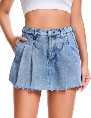 Jean Skorts for Woman High Waisted A-line Denim Skort with Pockets Pleated Denim Mini Skirt with Shorts