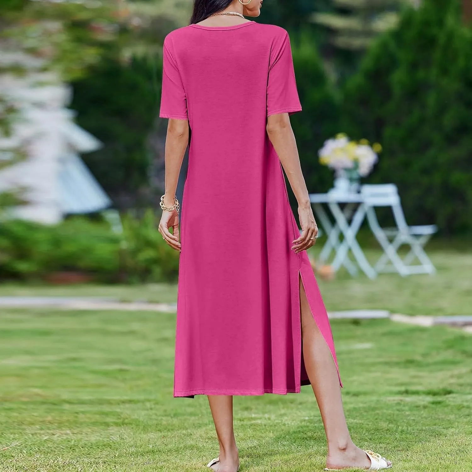 Kenvina Women Floral Summer Dress Casual Beach Dress Printed T Shirt Dress Split Long Dress Vacation Dress with Pockets