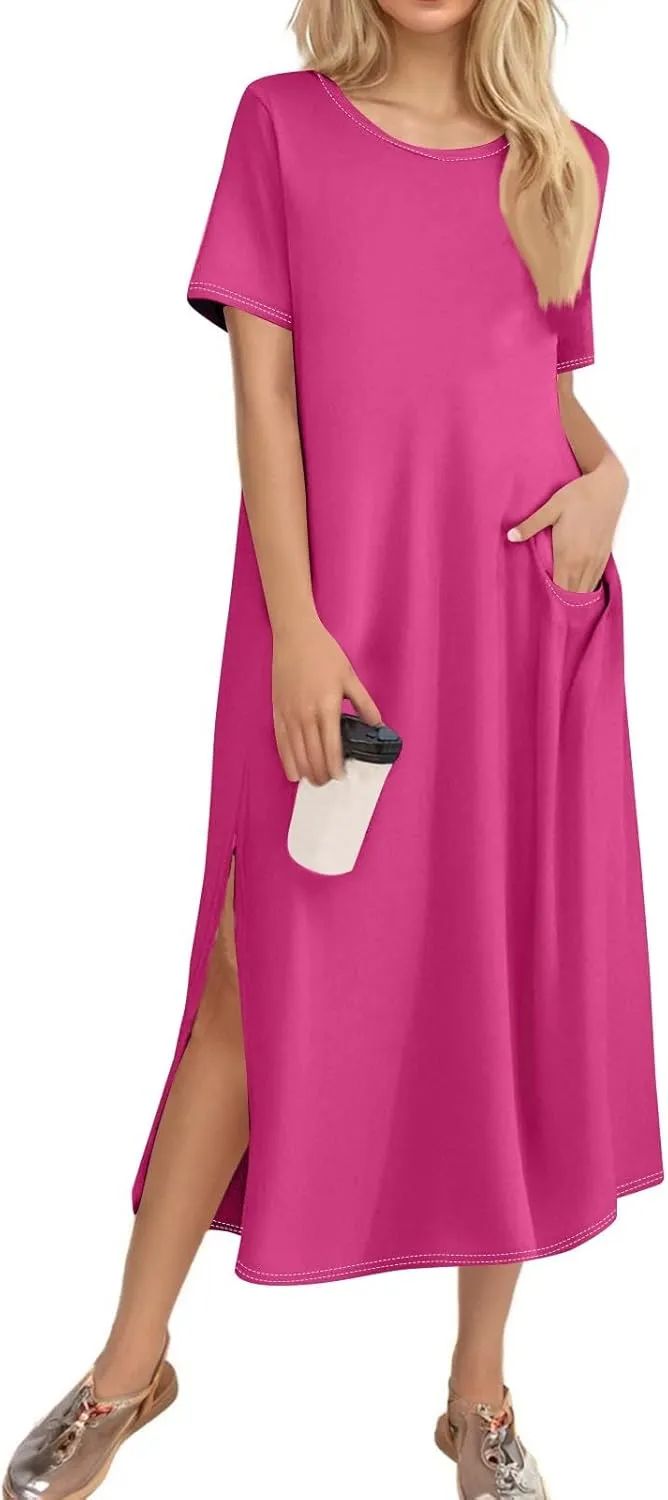 Kenvina Women Floral Summer Dress Casual Beach Dress Printed T Shirt Dress Split Long Dress Vacation Dress with Pockets