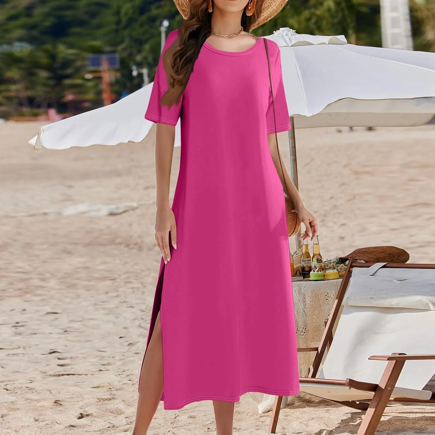 Kenvina Women Floral Summer Dress Casual Beach Dress Printed T Shirt Dress Split Long Dress Vacation Dress with Pockets