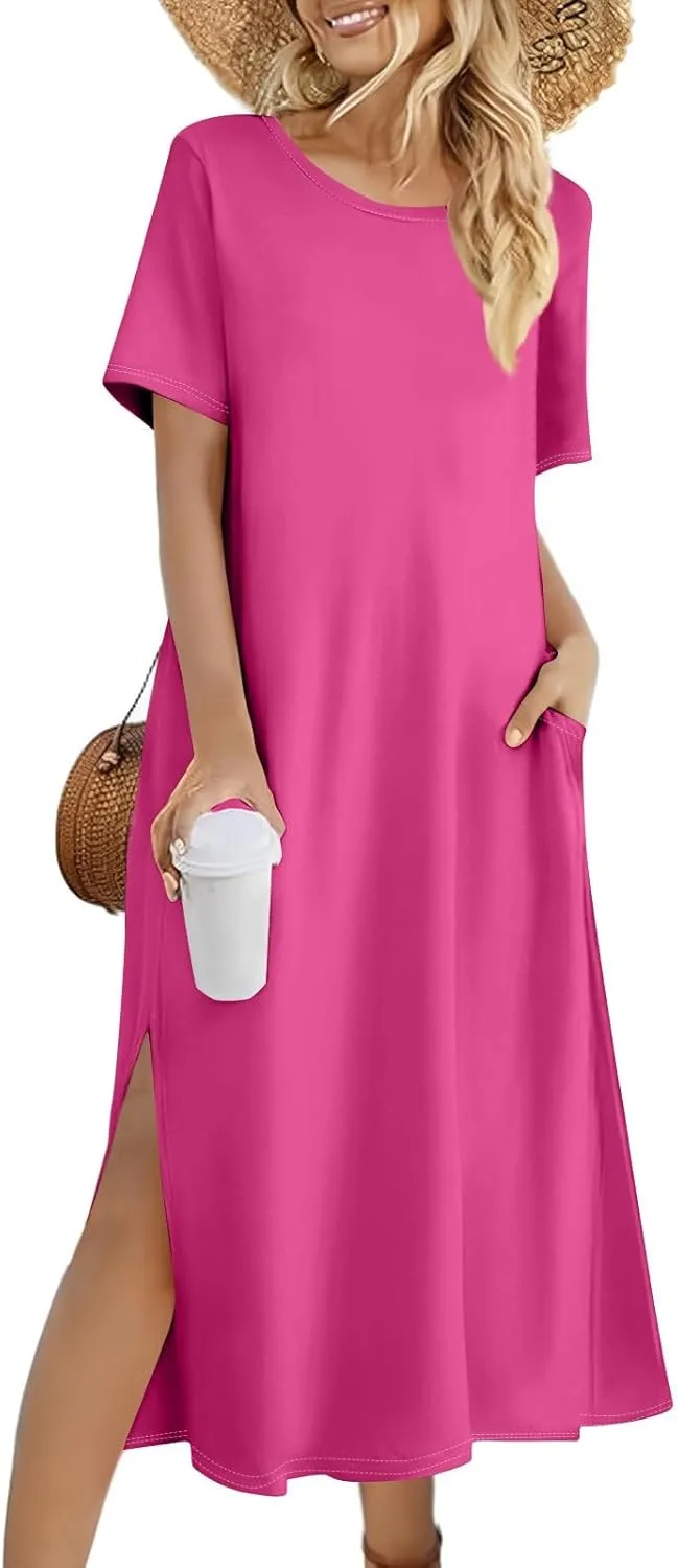 Kenvina Women Floral Summer Dress Casual Beach Dress Printed T Shirt Dress Split Long Dress Vacation Dress with Pockets