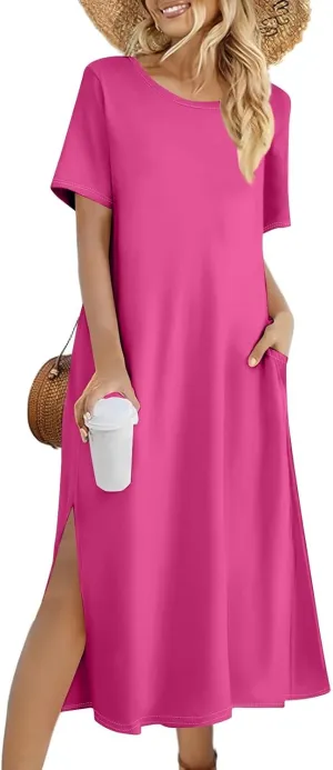 Kenvina Women Floral Summer Dress Casual Beach Dress Printed T Shirt Dress Split Long Dress Vacation Dress with Pockets