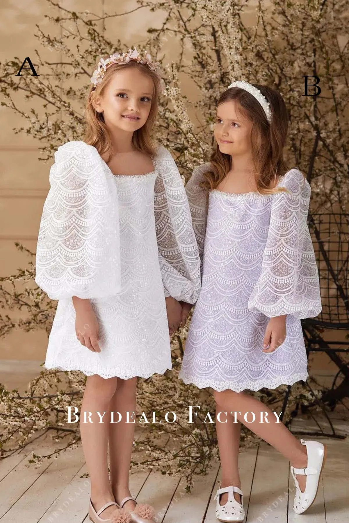 Lace Puffy Sleeves Lilac Loose Knee Length Flower Girl Dress