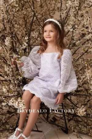 Lace Puffy Sleeves Lilac Loose Knee Length Flower Girl Dress