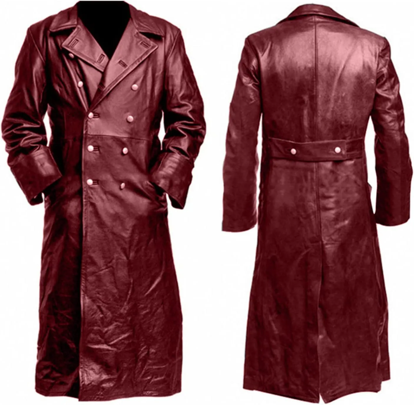 LFEOOST Leather Jacket Men Motorcycle Long Sleeve Button Lapel WW2 Officer Military Uniform Fall Winter Long Trench Coat