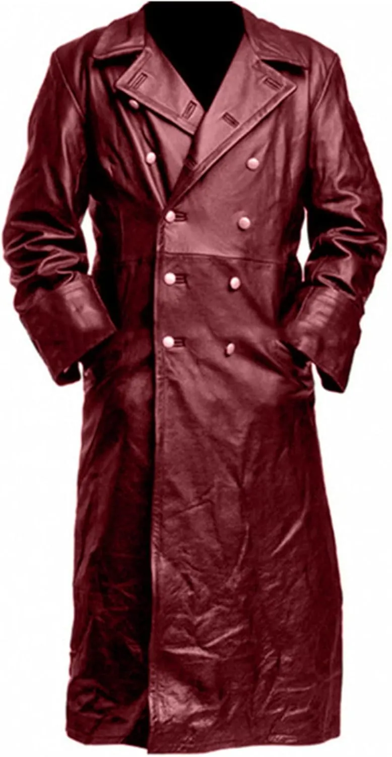 LFEOOST Leather Jacket Men Motorcycle Long Sleeve Button Lapel WW2 Officer Military Uniform Fall Winter Long Trench Coat