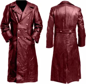 LFEOOST Leather Jacket Men Motorcycle Long Sleeve Button Lapel WW2 Officer Military Uniform Fall Winter Long Trench Coat