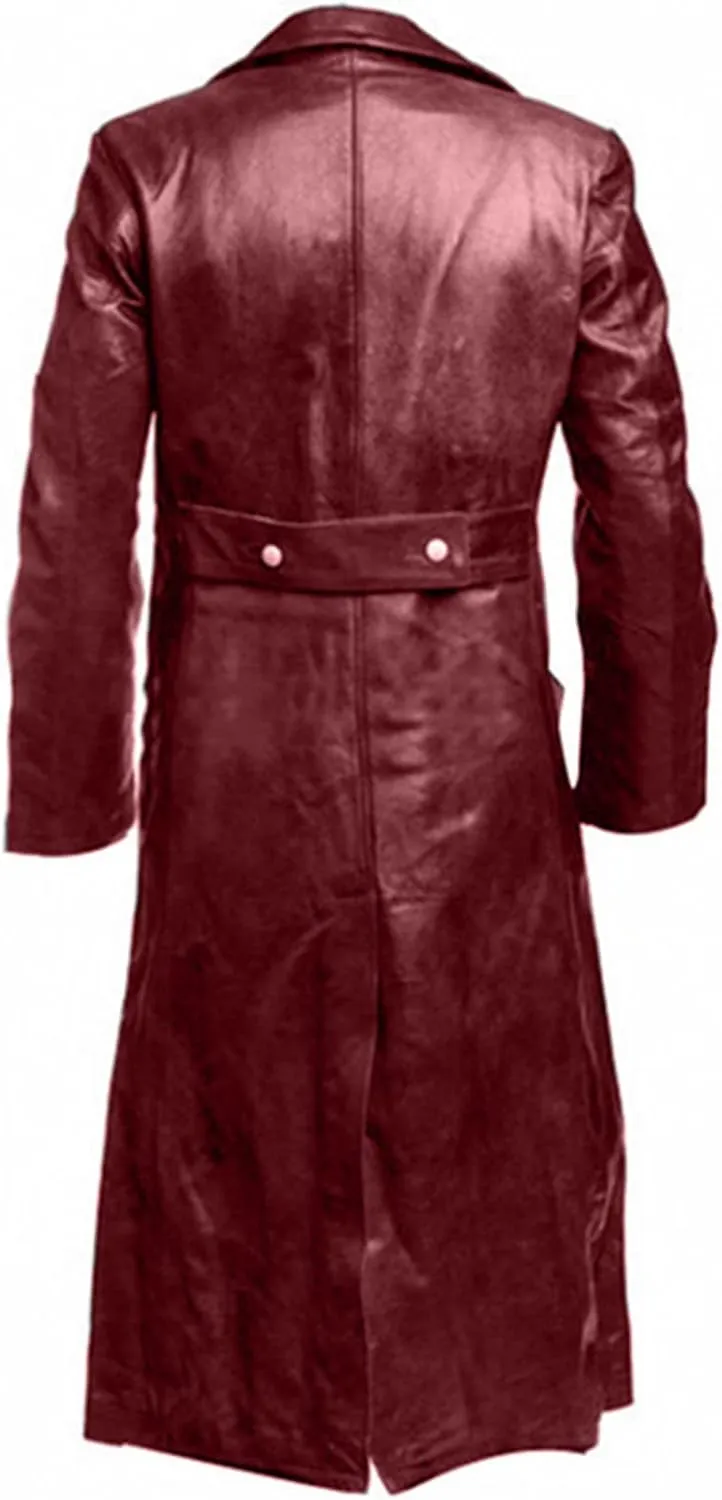 LFEOOST Leather Jacket Men Motorcycle Long Sleeve Button Lapel WW2 Officer Military Uniform Fall Winter Long Trench Coat