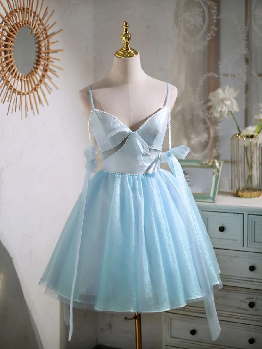 Light Champagne V neck Tulle Short Prom Dress, Tulle Puffy Homecoming Dress