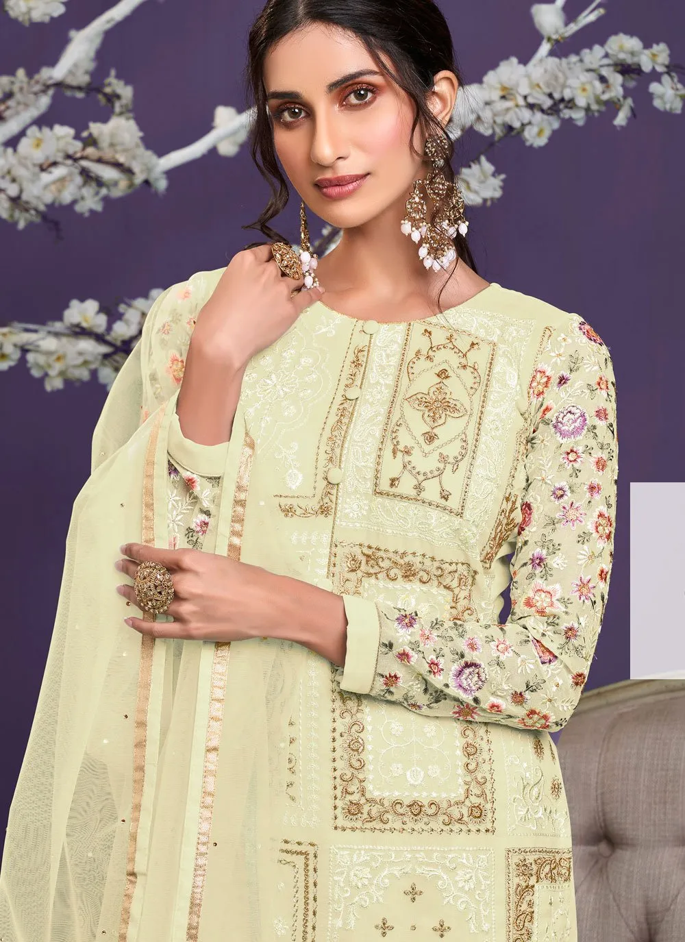 Lime Yellow Pakistani Style Georgette Embroidered Salwar Suit