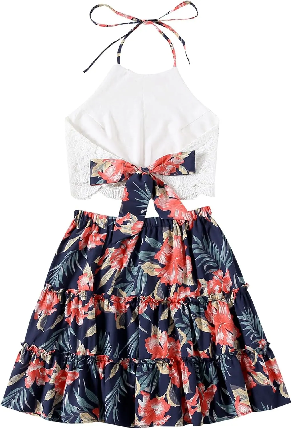 LYANER Women's 2 Piece Outfits Summer Lace Halter Cami Crop Top with Floral Mini Skirt Set