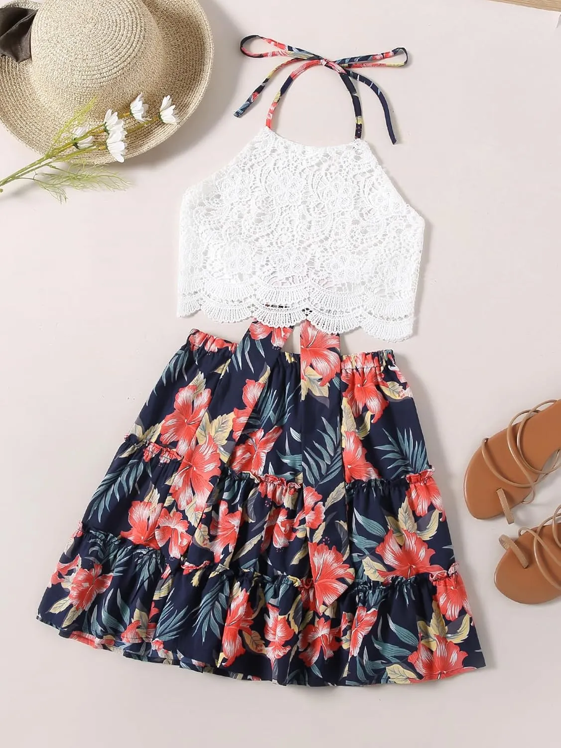 LYANER Women's 2 Piece Outfits Summer Lace Halter Cami Crop Top with Floral Mini Skirt Set