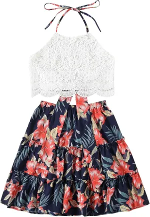 LYANER Women's 2 Piece Outfits Summer Lace Halter Cami Crop Top with Floral Mini Skirt Set