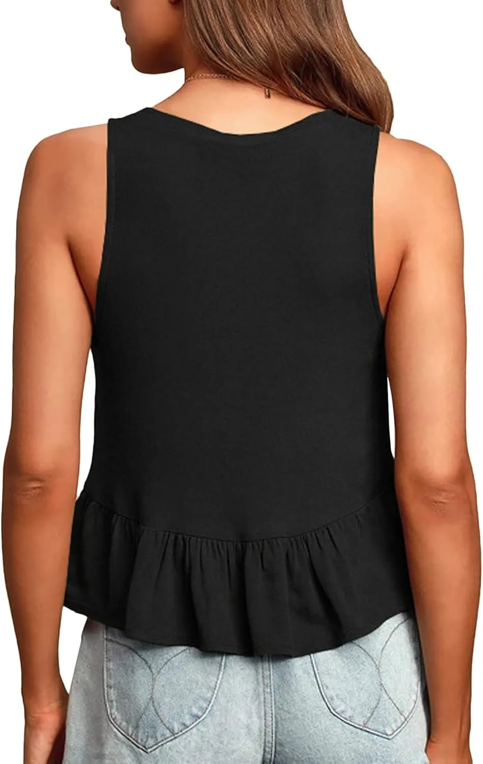 LYANER Women's Casual V Neck Peplum Ruffle Hem Sleeveless Babydoll Tank Top