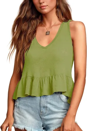 LYANER Women's Casual V Neck Peplum Ruffle Hem Sleeveless Babydoll Tank Top
