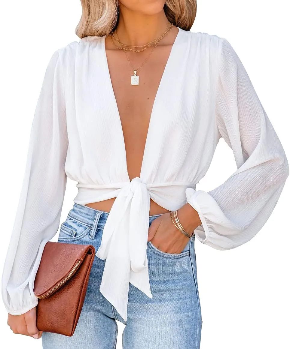 LYANER Women's Deep V Neck Long Sleeve Tie Front Knot Sexy Wrap Crop Top Blouse