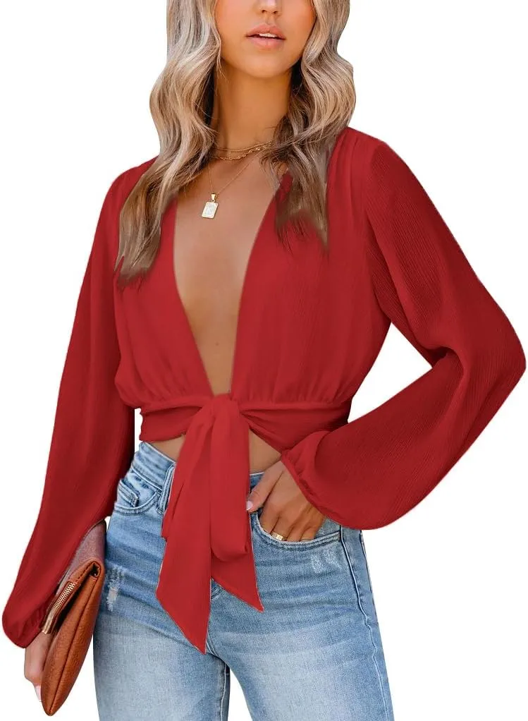 LYANER Women's Deep V Neck Long Sleeve Tie Front Knot Sexy Wrap Crop Top Blouse