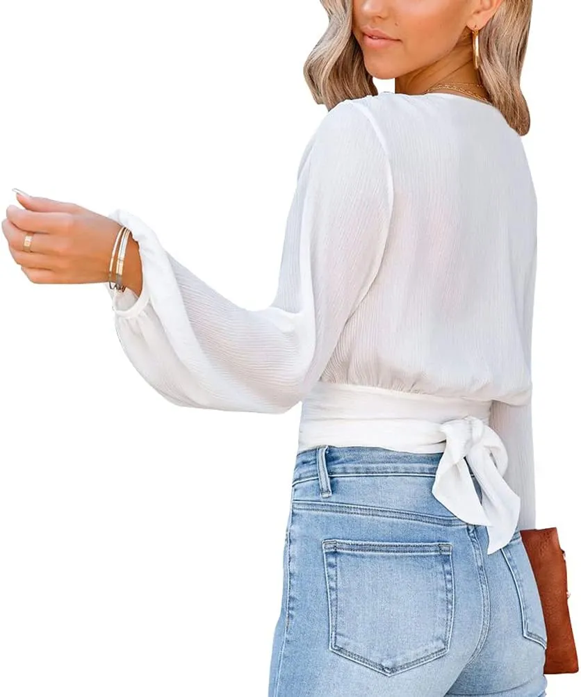 LYANER Women's Deep V Neck Long Sleeve Tie Front Knot Sexy Wrap Crop Top Blouse