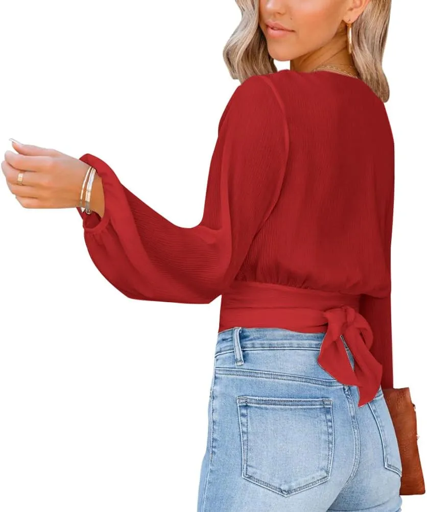 LYANER Women's Deep V Neck Long Sleeve Tie Front Knot Sexy Wrap Crop Top Blouse