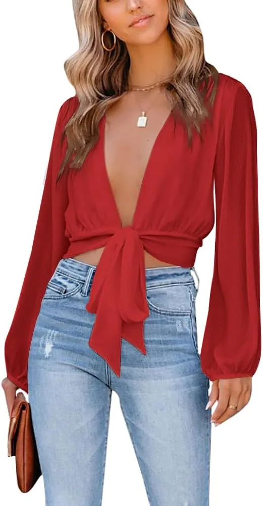 LYANER Women's Deep V Neck Long Sleeve Tie Front Knot Sexy Wrap Crop Top Blouse