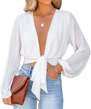 LYANER Women's Deep V Neck Long Sleeve Tie Front Knot Sexy Wrap Crop Top Blouse