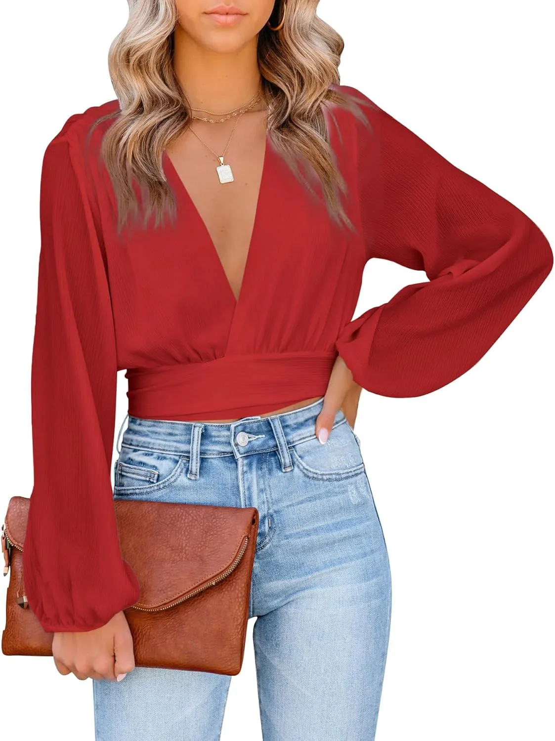 LYANER Women's Deep V Neck Long Sleeve Tie Front Knot Sexy Wrap Crop Top Blouse