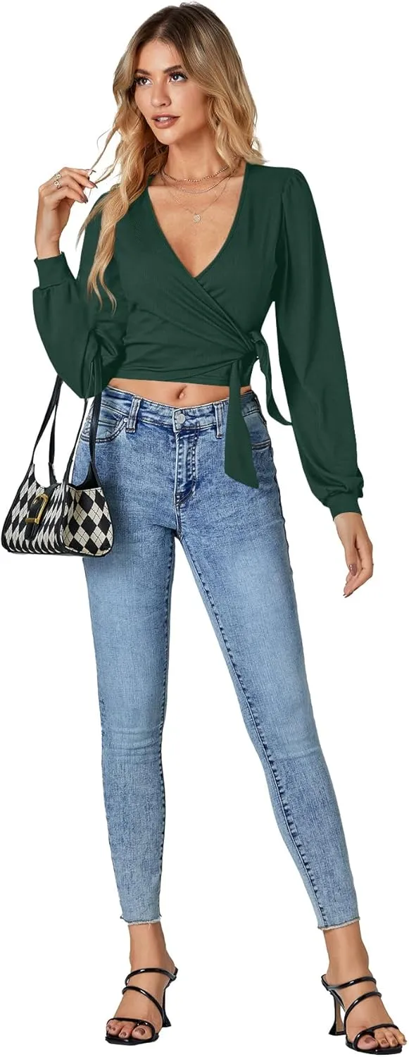 LYANER Women's Wrap V Neck Self Tie Knot Bishop Long Sleeve Ribbed Knit Crop Blouse T-Shirt Top
